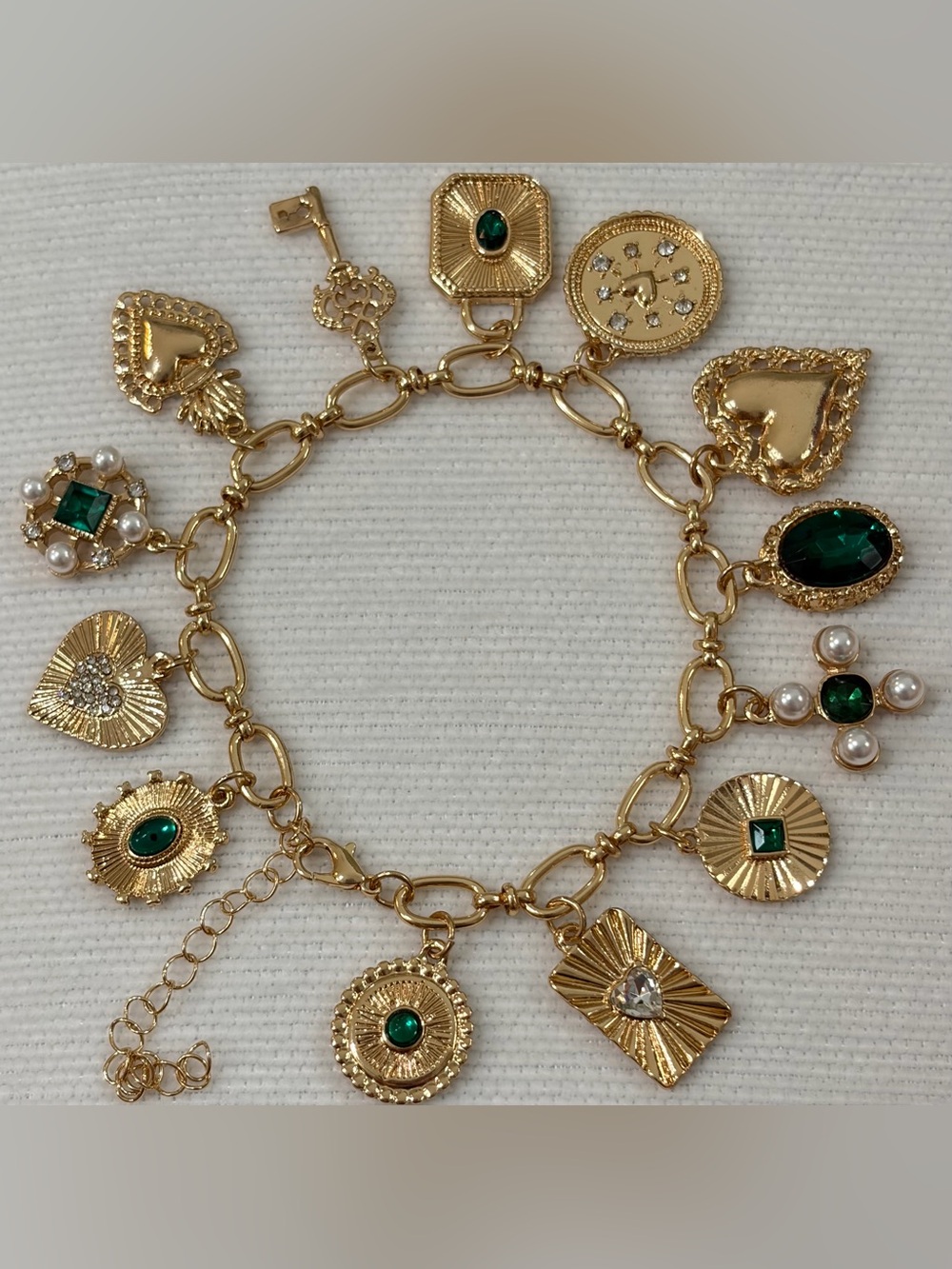 NEW Original Gold-Tone Charm Bracelet with Emerald Green Accents 8”+3” extender